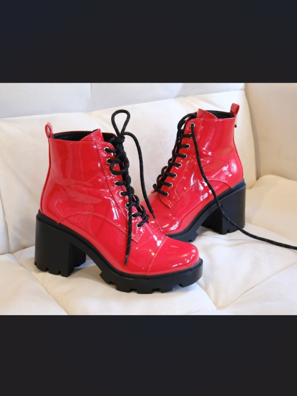 Azalea Wang Red Latex & Black Combat Boot Heels | Size 7 | Like New